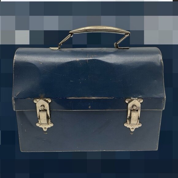 Vintage 1940's Era Dome Top Metal Lunch Box by American Thermos Bottle Co Blue. - Picture 3 of 16